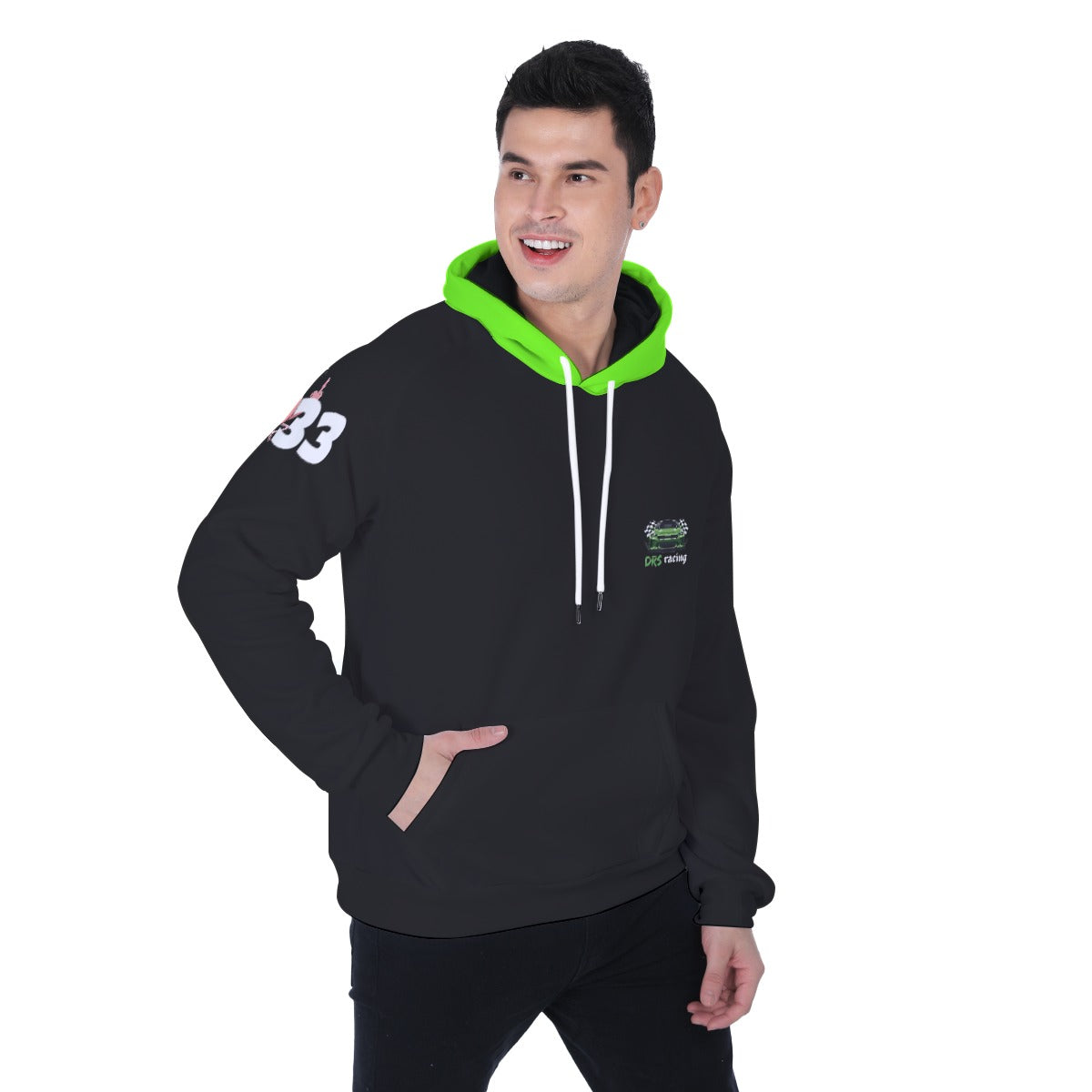 DRS Racing official team hoodie front view with neon green hood lining and chest logo