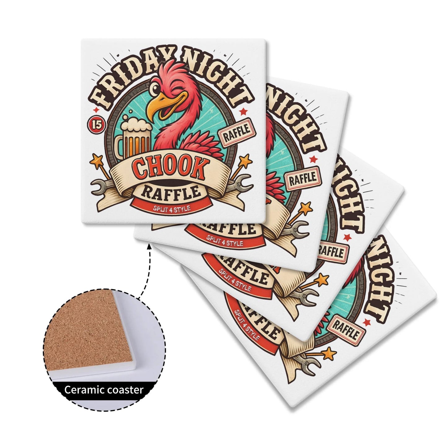 V8 Vets - Friday Night Chook Raffle Ceramic Coasters (Set of 4)