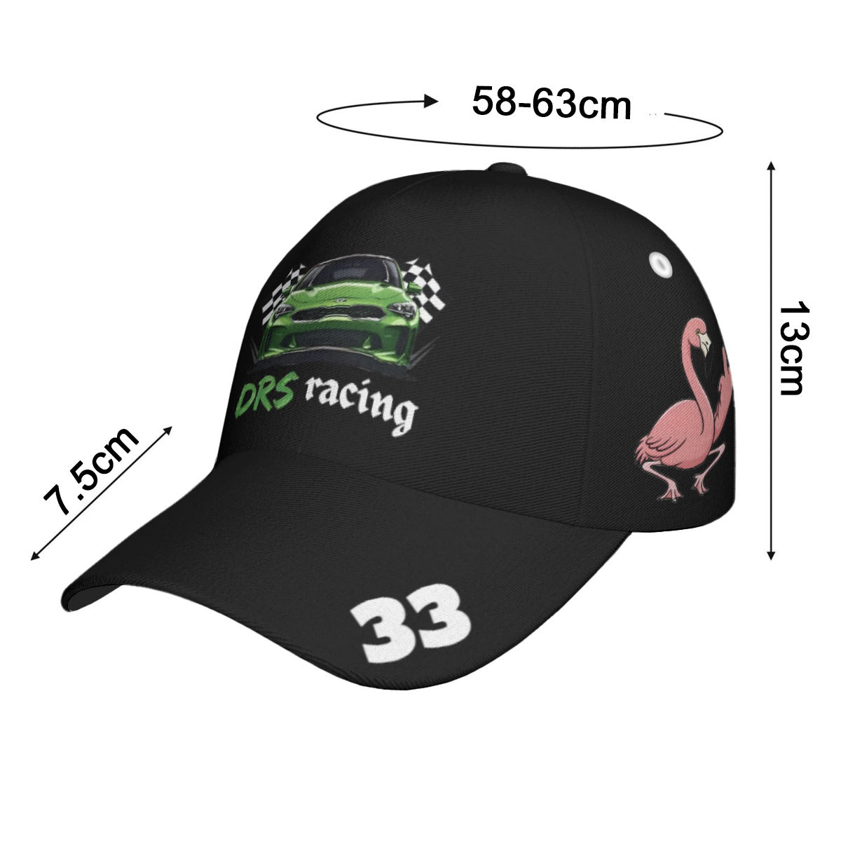 Size guide and side view of DRS Racing cap featuring the #33 Flamingo